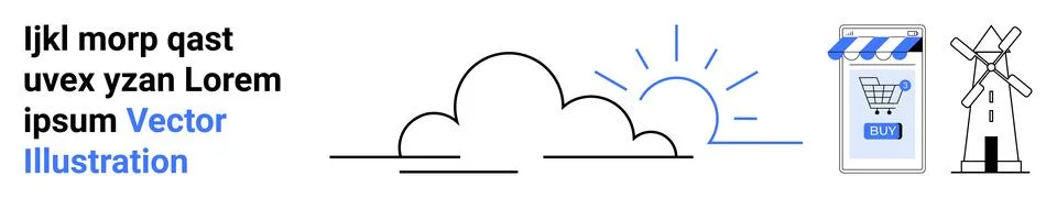 Modern Cloud Computing Banner with E-Commerce and Renewable Energy Elements Illustrazione stock