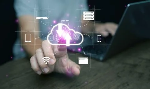 Modern cloud computing technology concept showing secure data upload and do.. Foto stock