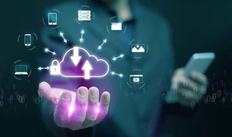 Modern cloud computing technology concept showing secure data upload and do.. Foto stock