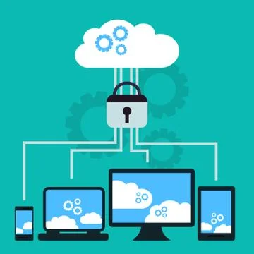 Modern cloud services and Cloud Computing Elements Concept. Devices connected 스톡 일러스트