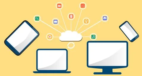 Modern cloud services and Cloud Computing Elements Concept. Devices connected Stock Illustration