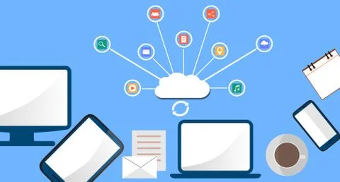 Modern cloud services and Cloud Computing Elements Concept. Devices connected Illustrazione stock