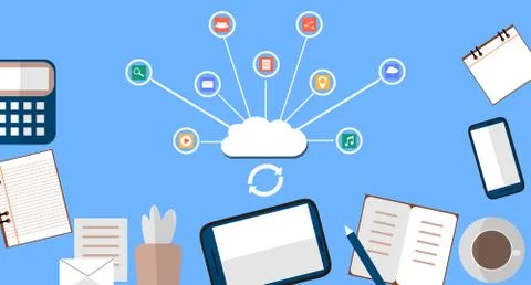 Modern cloud services and Cloud Computing Elements Concept. Devices connected 스톡 일러스트