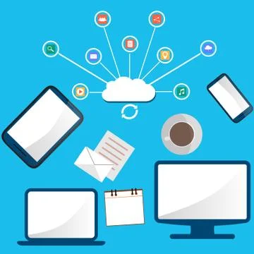 Modern cloud services and Cloud Computing Elements Concept. Devices connected Stock Illustration
