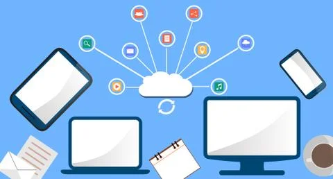 Modern cloud services and Cloud Computing Elements Concept. Devices connected Illustrazione stock