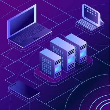 Modern cloud services and Cloud Computing Elements Isometric Con Stock Illustration