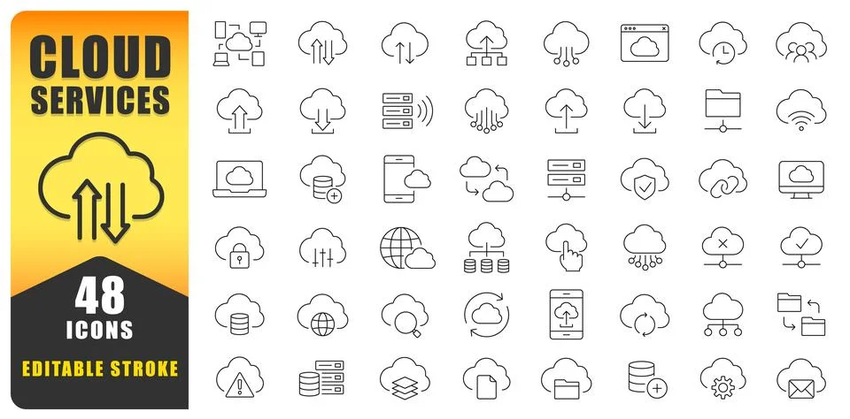 Modern Cloud Services Line Icon Set Stock Illustration