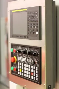 Modern CNC machine control panel close up Stock Photos