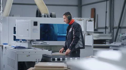 Modern CNC machine in milling workshop of furniture factory, man is working with Stock Footage 228938247