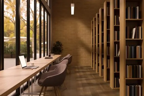 Modern Co-Working Library Space with Long Wooden Counter along Window Stock Illustration