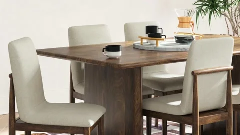 Modern Coastal Dining Table with Coffee Carafe and Chairs Stock Footage 340407567