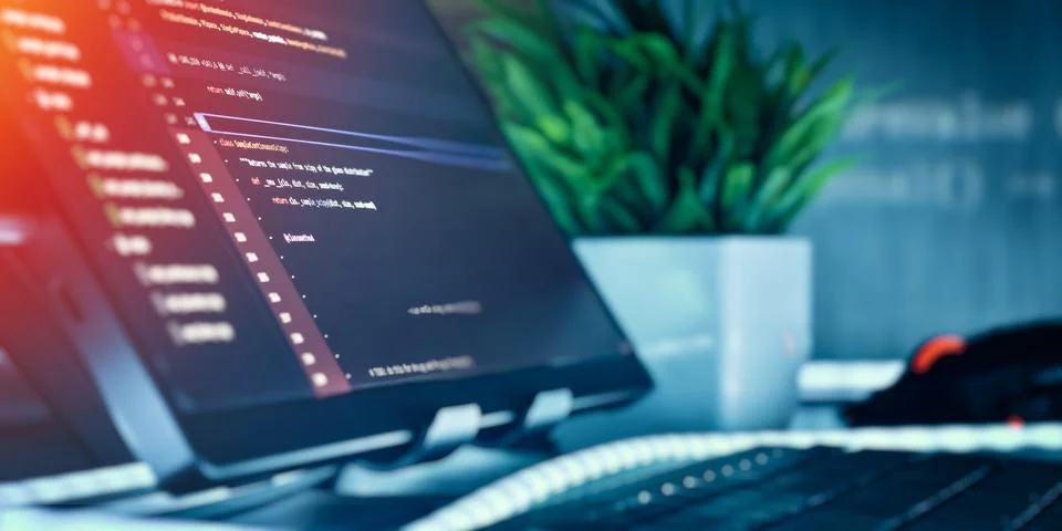 Modern coding workspace with screen and keyboard Stock Photos