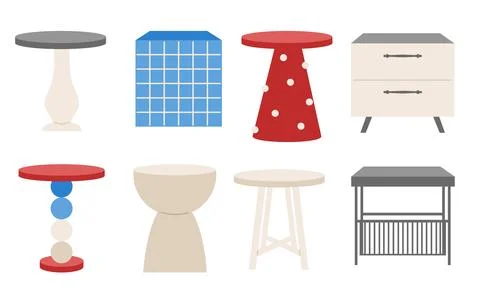 Modern Coffee and Side Tables Collection Flat Illustration Set, Stylish Furn Stock Illustration