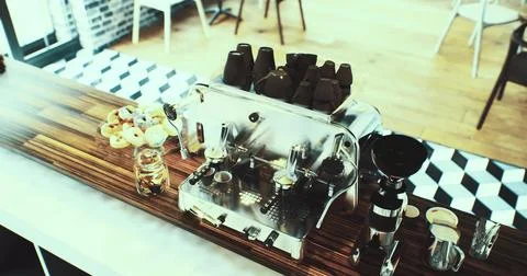 Modern coffee bar setup featuring espresso machine and snacks for customers Stock Illustration