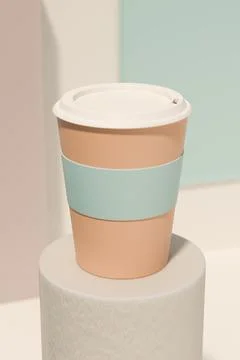 Modern coffee cup display in soft pastels for a trendy cafe atmosphere. Illustrazione stock