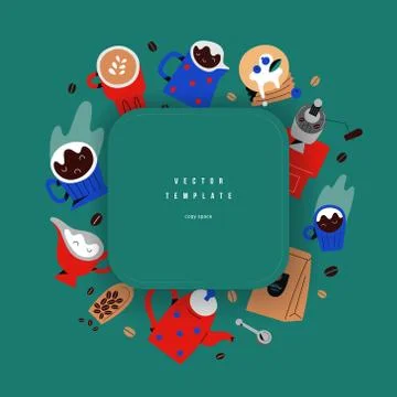 Modern coffee frame template with illustrations of coffee shop tools and Stock Illustration