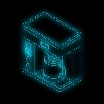 Modern coffee machine brewing coffee with neon blue lines on black background Stock Illustration