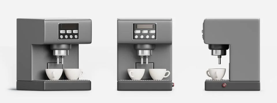 Modern coffee machine with cup front, side and angle view. Realistic 3d render Illustrazione stock