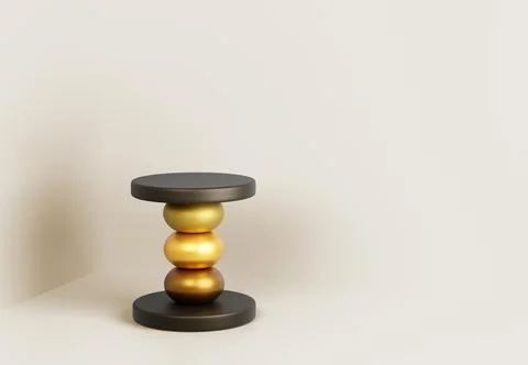 Modern coffee table with black round top and leg of gold metal spheres 3d render Illustrazione stock