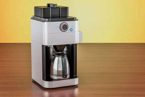 Modern coffeemaker or coffee machine on the wooden table. 3D rendering Stock Illustration