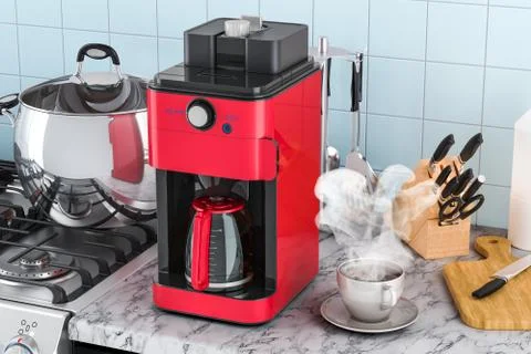 Modern coffeemaker or coffee machine on the kitchen table. 3D rendering Stock Illustration
