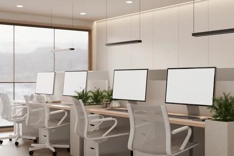 Modern collaborative office with blank poster frames on wall Stock Illustration