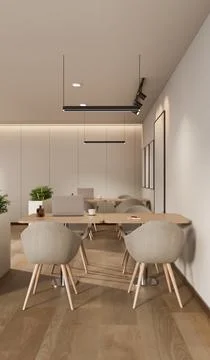 Modern collaborative workspace with laptops, minimalist furniture and warm .. Stock Illustration