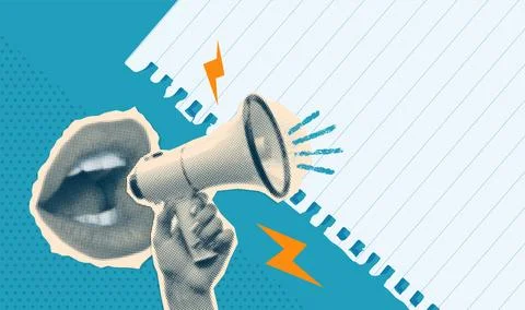 Modern collage banner template with screaming mouth and bullhorn. Halftone torn Stock Illustration