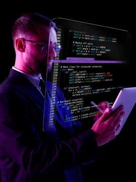 Modern collage. Developer studying holographic code reflected on transparent 스톡 사진