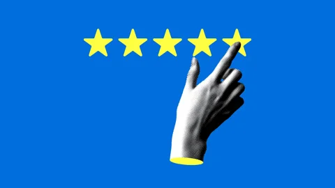 Modern collage with halftone hand pressing on star. Customer review Stock Footage 330285225