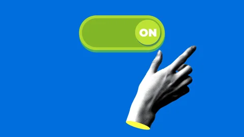 Modern collage with halftone hand push setting button switch to on position. Stock Footage 329185464