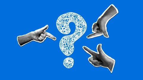 Modern collage with pointing hands and question mark. Question answer sign Stock Footage 329559503