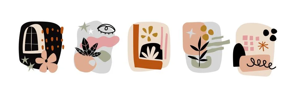 Modern collages set. Various doodle shapes, abstract objects, botanical elements Stockillustratie