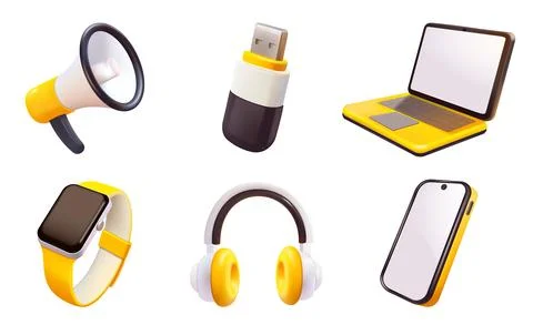 This modern collection features yellow tech gadgets a laptop, a stylish watch Illustrazione stock
