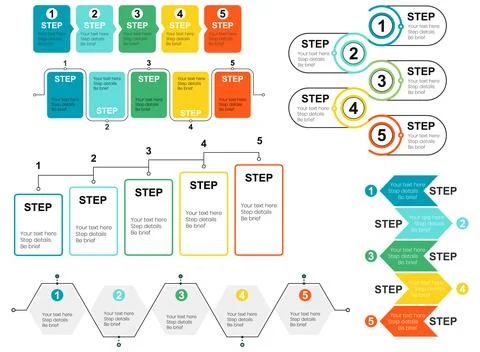 Modern collection of five-step infographic templates featuring colorful workf Stock Illustration