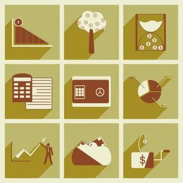 Modern collection flat icons with shadow economy Stock Illustration