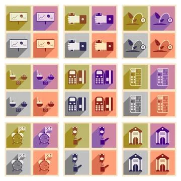 Modern collection flat icons with shadow economy Stock Illustration