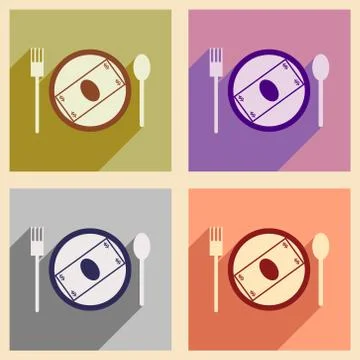 Modern collection flat icons with shadow bill on the plate Stock Illustration