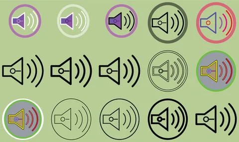 Modern collection of speaker and volume icons with radiating sound waves in.. Stock Illustration
