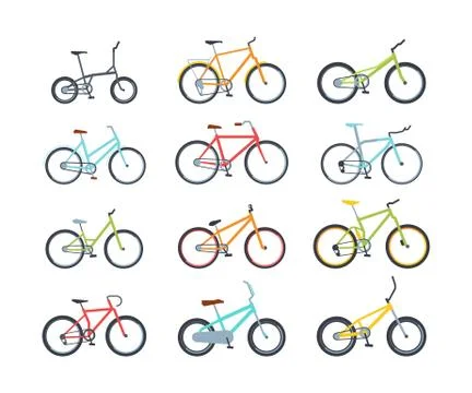 Modern colorful bicycles flat vector illustrations set Stock Illustration