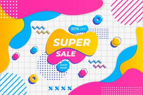Modern Colorful Flat Abstract Shape Super Sale Background White Memphis Style Stock Illustration