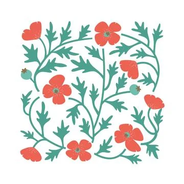 Modern colorful flat vector illustration with poppy flowers foliage, field Stock Illustration