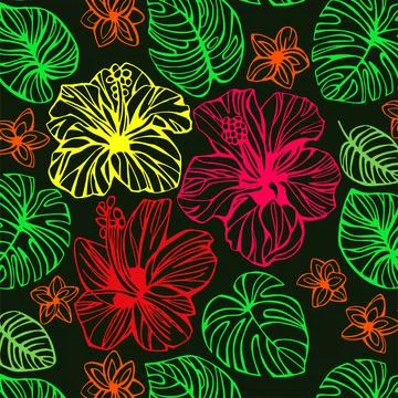 Modern colorful neon tropical pattern with flowers and leaves . Hand drawn .. Stock Illustration