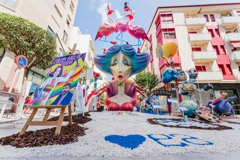  Modern comic paper mache figurines with flamingos made for the Fallas cel... Stock Photos