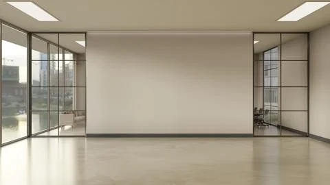 Modern Commercial Interior with Blank Wall Mockup and Glass Partitions Illustration