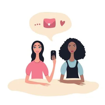 Modern communication technology concept Two girls chatting messaging texting Stock Illustration