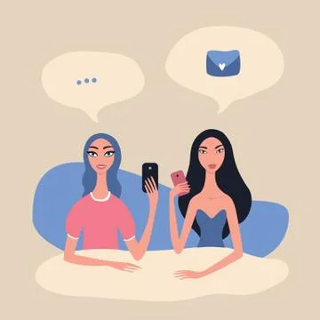 Modern communication technology concept Two girls messaging using mobile phones Stock Illustration