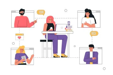 Modern communication vector trendy illustration video call concept. Young man Illustrazione stock