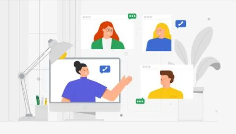 Modern communication vector trendy illustration video call concept. Young man Stock Illustration