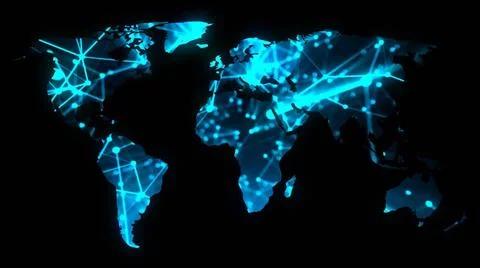 Modern communications network map of the world on dark background, 3D rend... Foto stock